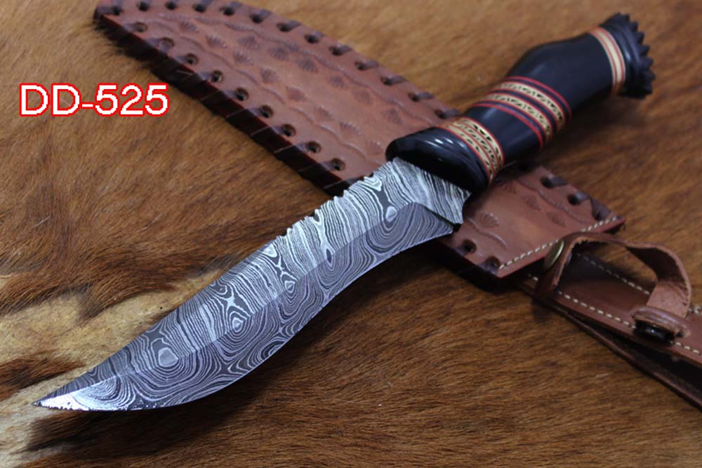 13" Long hand forged Damascus steel skinning knife, Hand carved scale crafted with engraved brass spacer, Available in Camel bone, Walnut wood and bull horn scales, Includes Cow Leather sheath