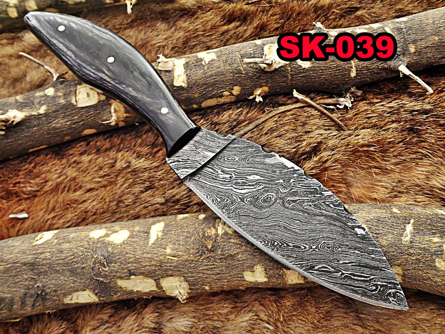8.5" DAMASCUS STEEL BLADE POCKET KNIFE, JIGGED BULL HORN SCALE, LEATHER SHEATH