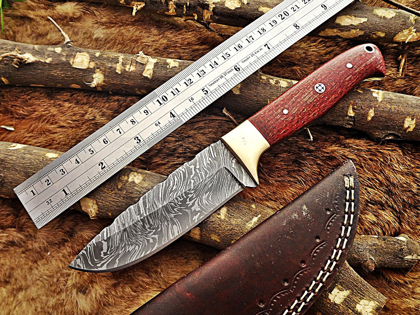 9" Damascus steel skinning knife, 4.5" full tang blade, Available in White and Red colors, includes Cow hide Leather sheath