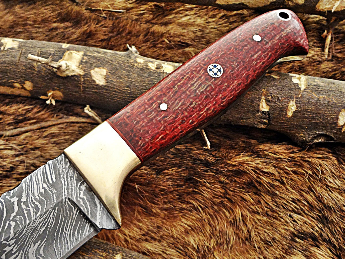 9" Damascus steel skinning knife, 4.5" full tang blade, Available in White and Red colors, includes Cow hide Leather sheath