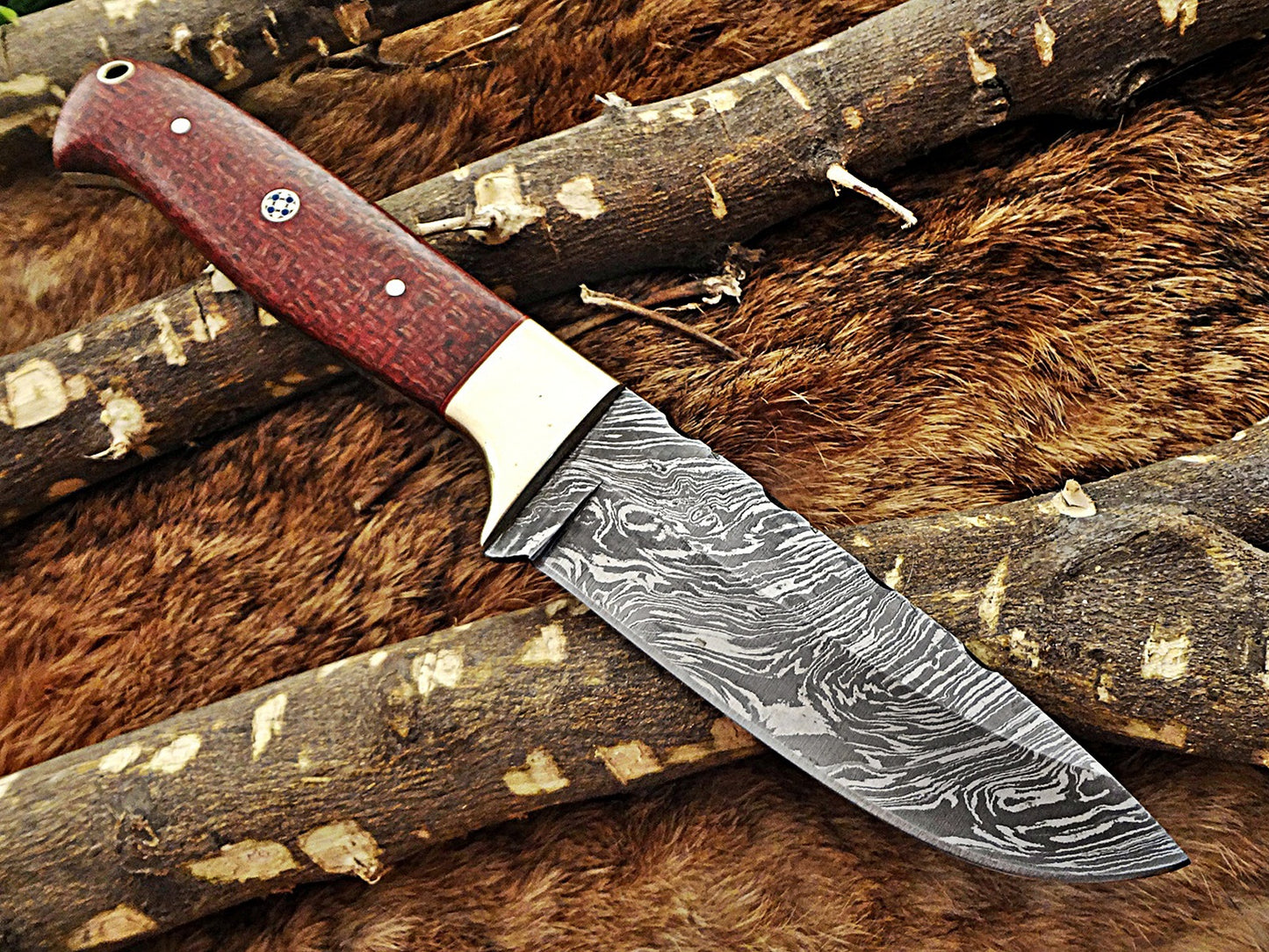 9" Damascus steel skinning knife, 4.5" full tang blade, Available in White and Red colors, includes Cow hide Leather sheath
