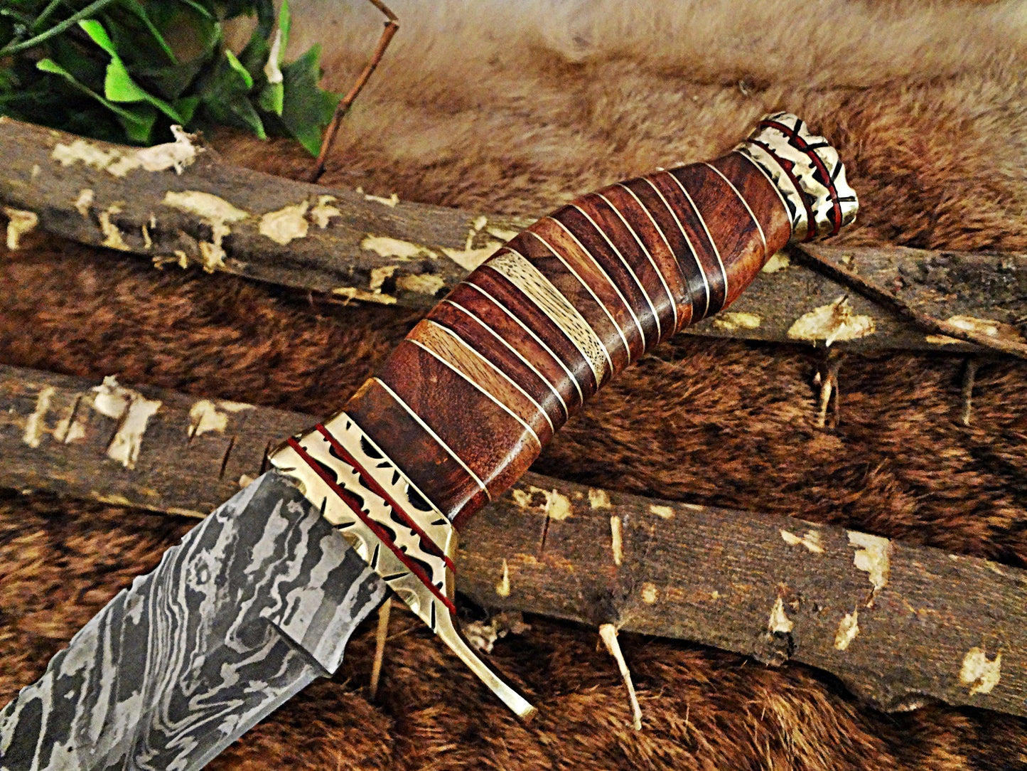 12.5" Long hand forged Damascus steel Hunting Bowie Knife, sliced Rose Wood With engraved Brass cap and finger guard, Cow Leather sheath