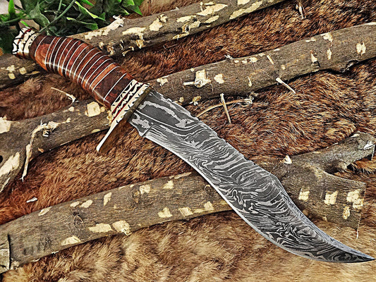 12.5" Long hand forged Damascus steel Hunting Bowie Knife, sliced Rose Wood With engraved Brass cap and finger guard, Cow Leather sheath