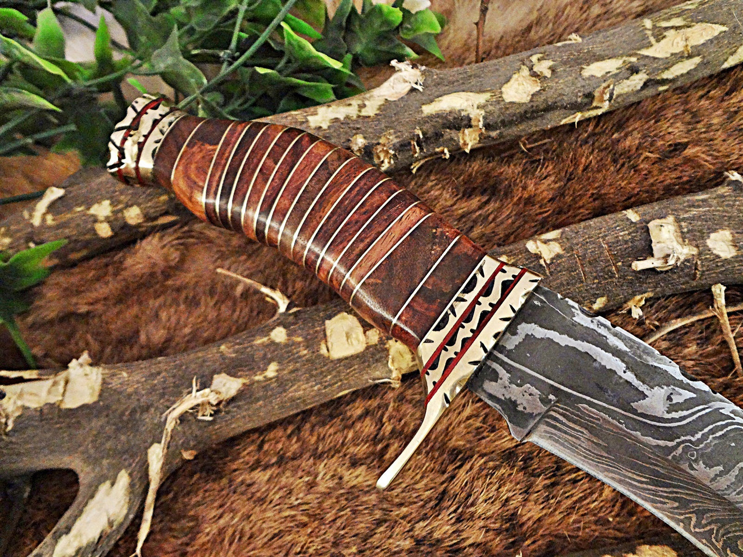 12.5" Long hand forged Damascus steel Hunting Bowie Knife, sliced Rose Wood With engraved Brass cap and finger guard, Cow Leather sheath
