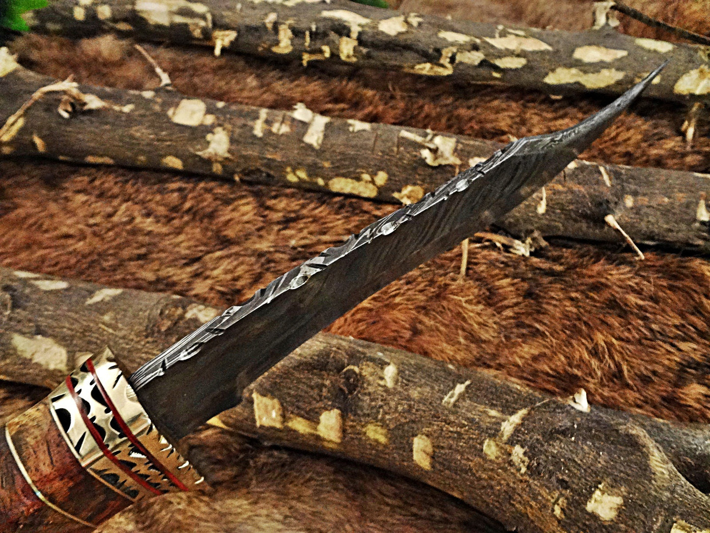12.5" Long hand forged Damascus steel Hunting Bowie Knife, sliced Rose Wood With engraved Brass cap and finger guard, Cow Leather sheath