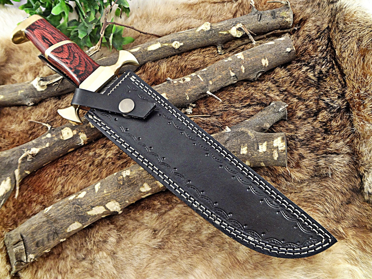 15" Long Hunting Bowie knife, hand forged Damascus steel, Red Dollar wood with Brass Pommel & Finger guard, Cow Leather sheath