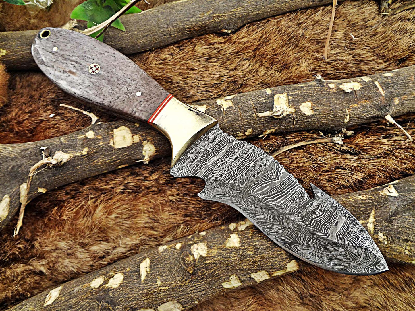 9" Long hand forged Damascus steel full tang skinning Knife with gut hook, Bull horn with Damascus Bolster, Cow hide Leather sheath