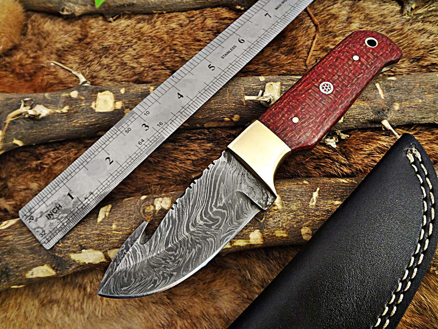 8" Long hand forged Damascus steel full tang blade gut hook skinning Knife, 3 scales available, includes Cow hide leather sheath