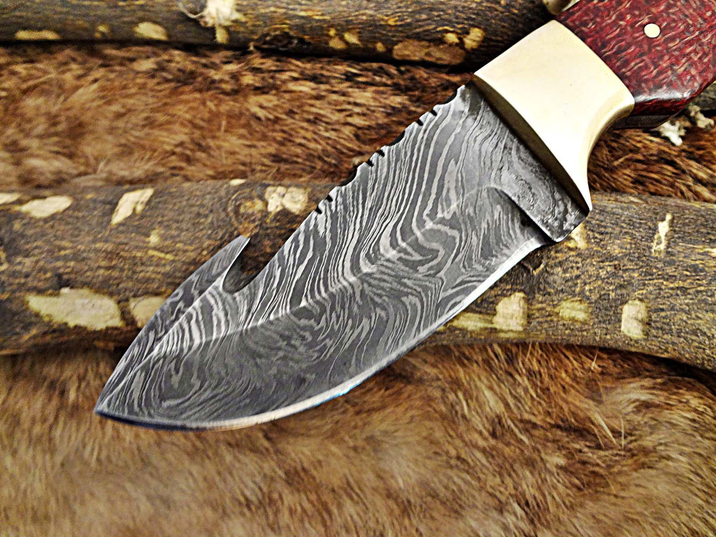 8" Long hand forged Damascus steel full tang blade gut hook skinning Knife, 3 scales available, includes Cow hide leather sheath