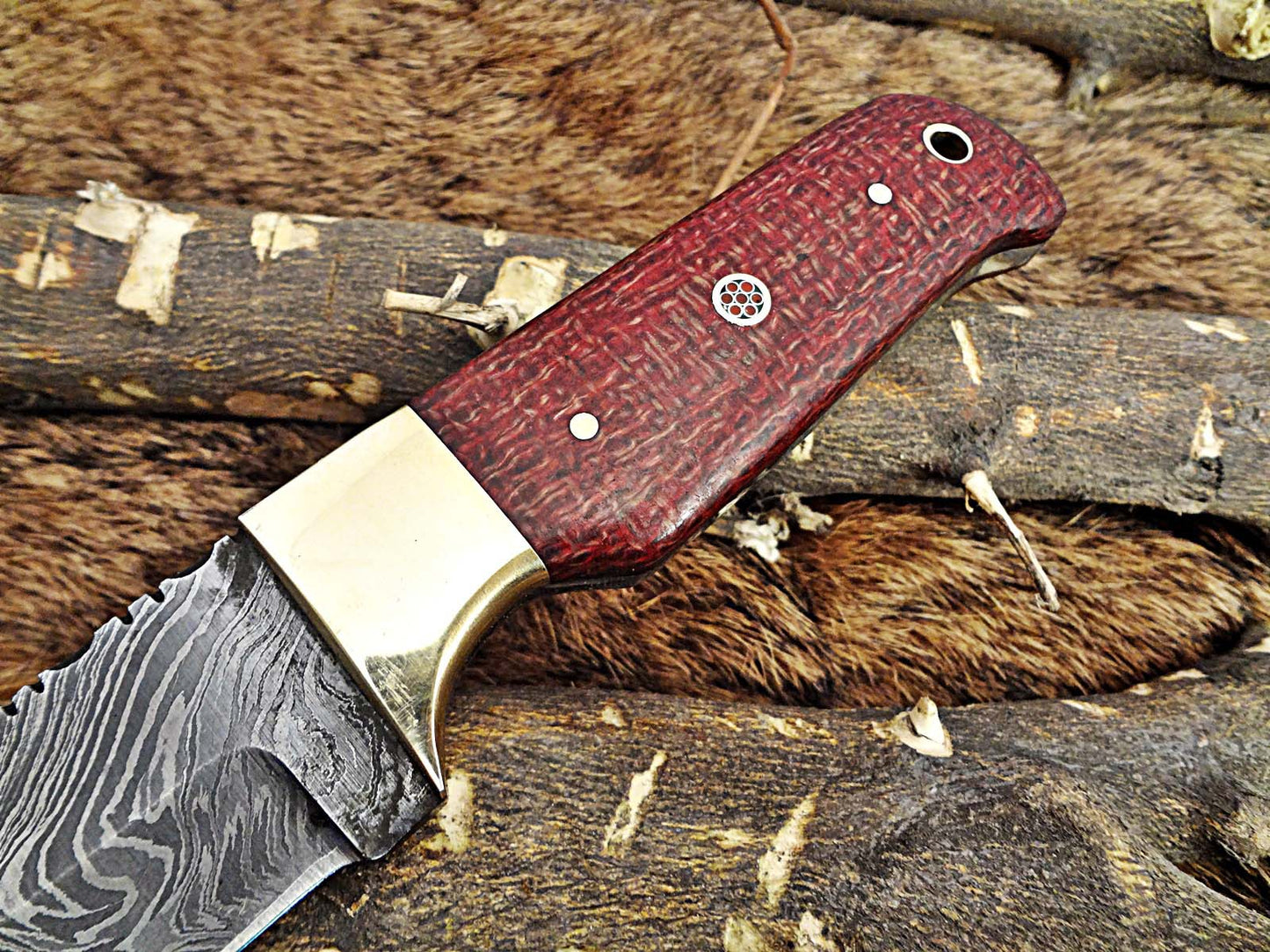 8" Long hand forged Damascus steel full tang blade gut hook skinning Knife, 3 scales available, includes Cow hide leather sheath
