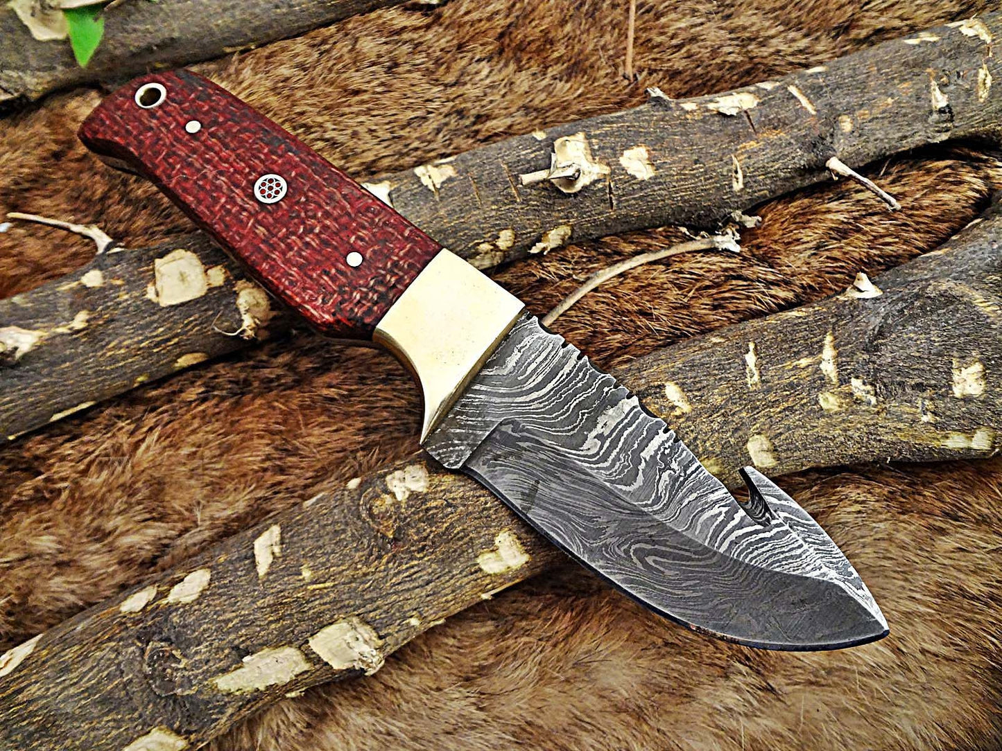 8" Long hand forged Damascus steel full tang blade gut hook skinning Knife, 3 scales available, includes Cow hide leather sheath