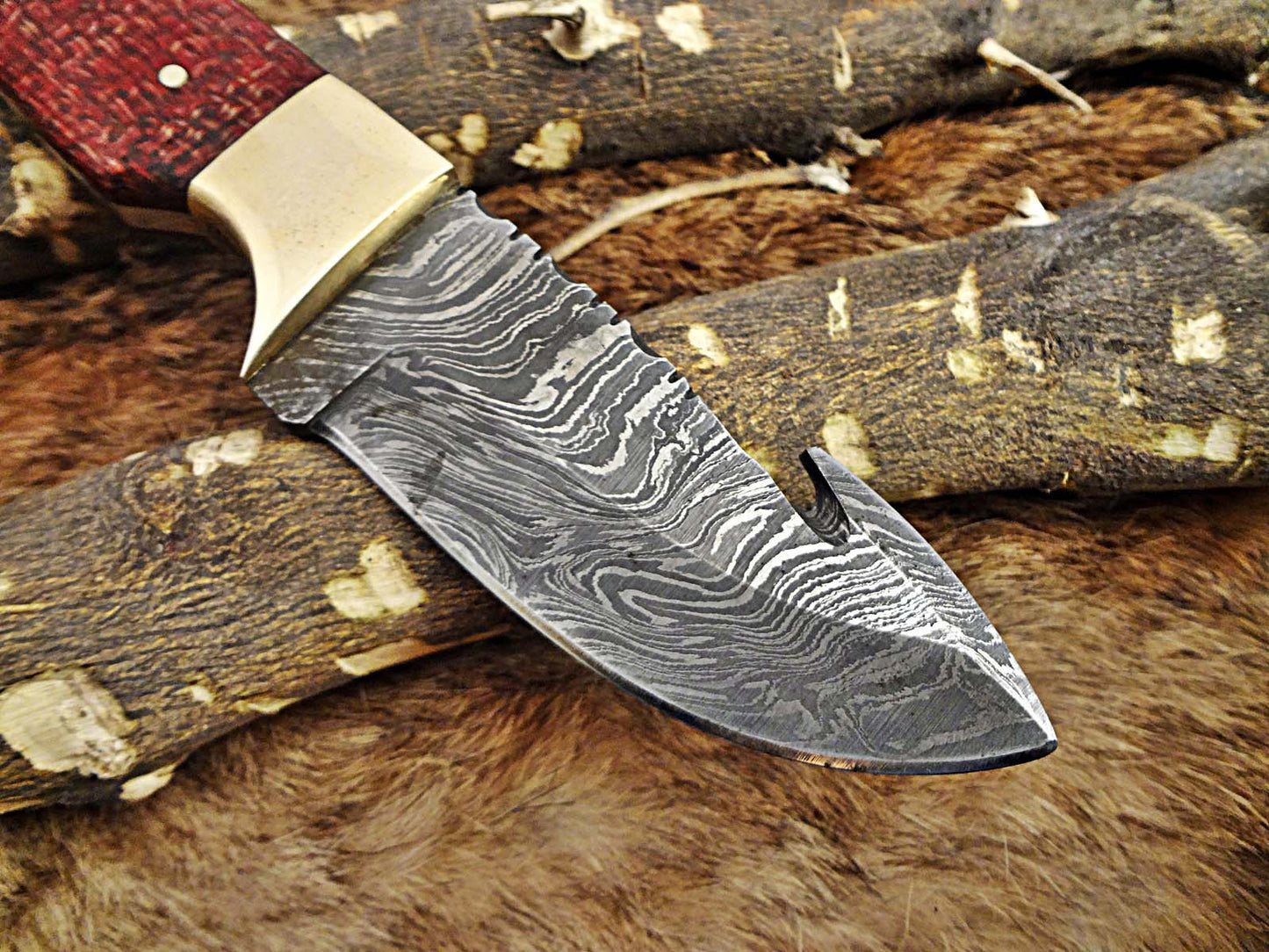 8" Long hand forged Damascus steel full tang blade gut hook skinning Knife, 3 scales available, includes Cow hide leather sheath
