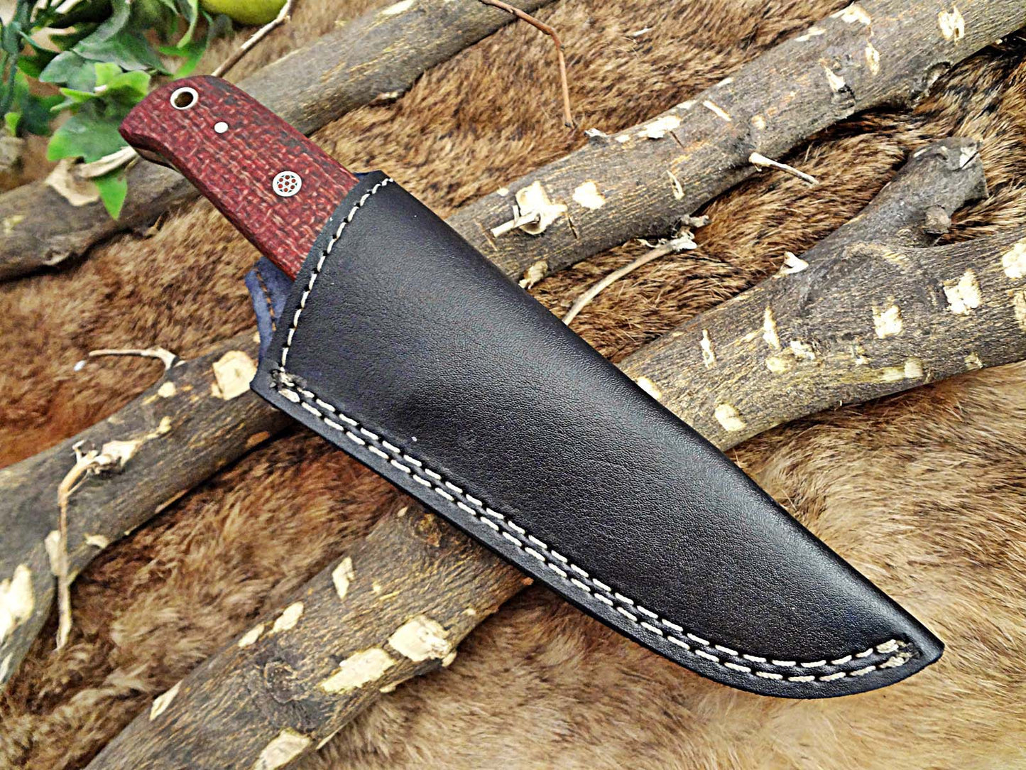 8" Long hand forged Damascus steel full tang blade gut hook skinning Knife, 3 scales available, includes Cow hide leather sheath