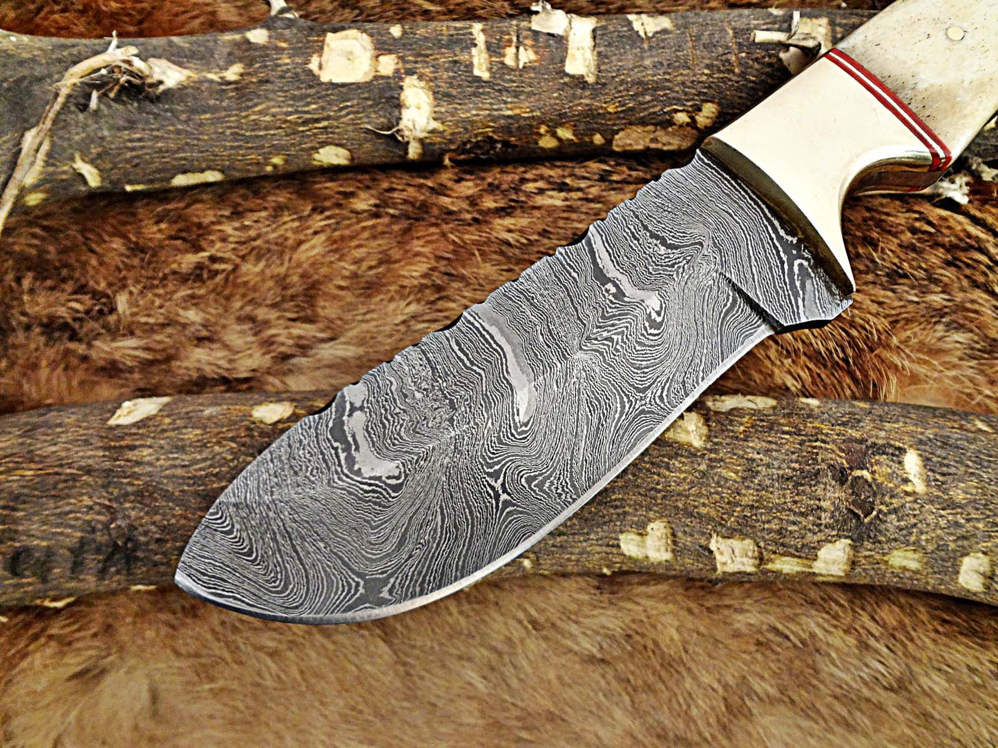 9" Damascus steel full tang Skinning Knife, Black and white scales with Brass Bolster scale, Cow hide Leather sheath included