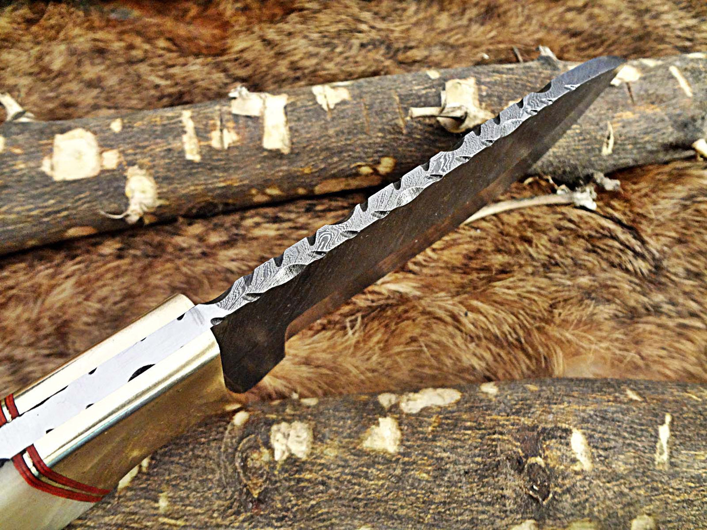 9" Damascus steel full tang Skinning Knife, Black and white scales with Brass Bolster scale, Cow hide Leather sheath included