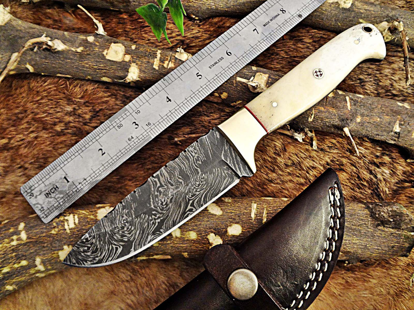 9" Damascus steel skinning knife, 4.5" full tang blade, Available in White and Red colors, includes Cow hide Leather sheath