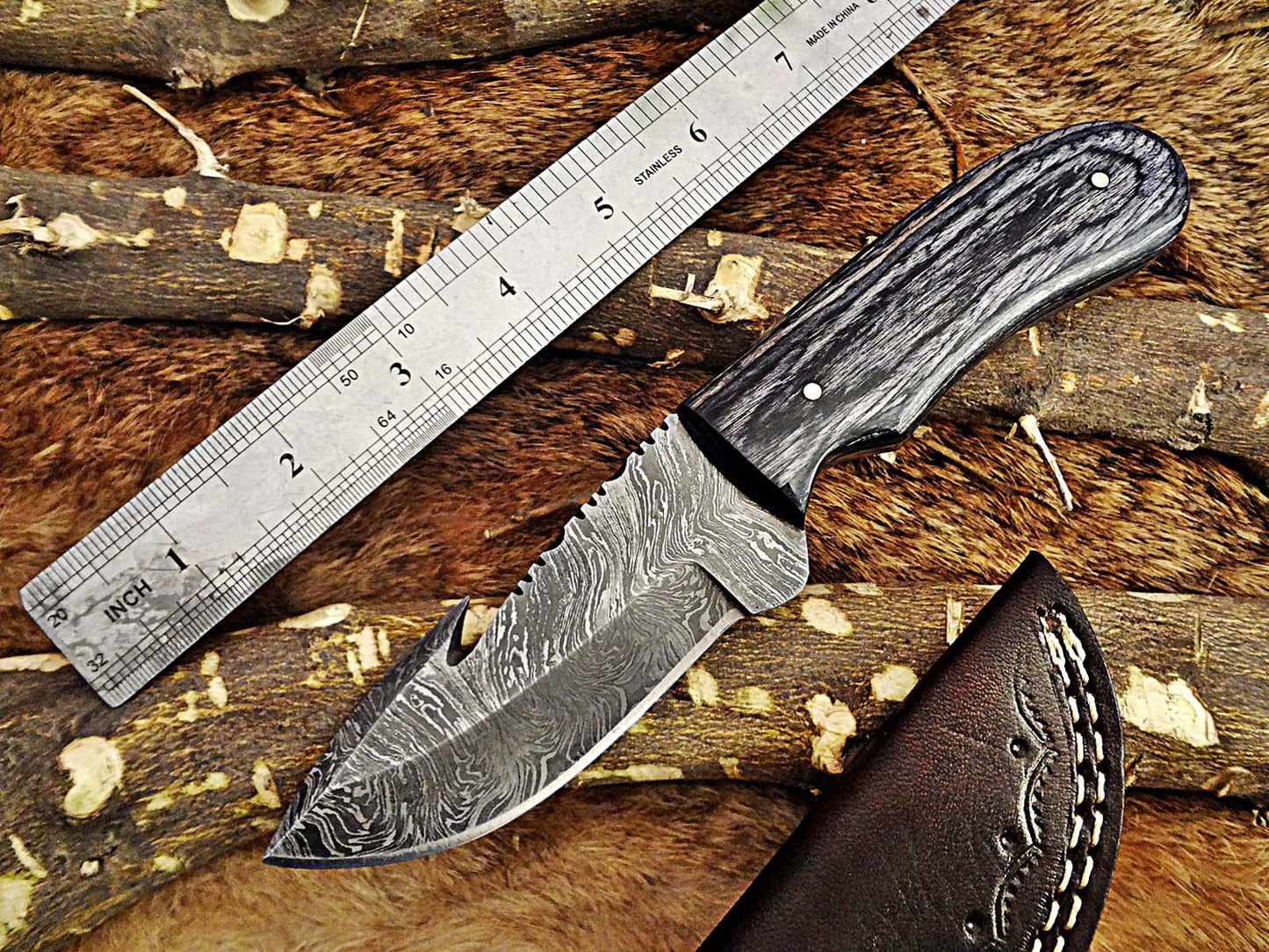 8" Long skinning knife, 4" full tang gut hook blade, hand forged Damascus steel, available in 3 scales, includes Cow Leather sheath