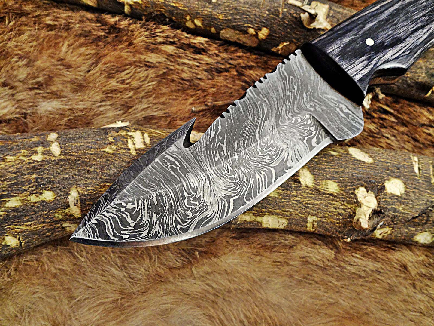 8" Long skinning knife, 4" full tang gut hook blade, hand forged Damascus steel, available in 3 scales, includes Cow Leather sheath