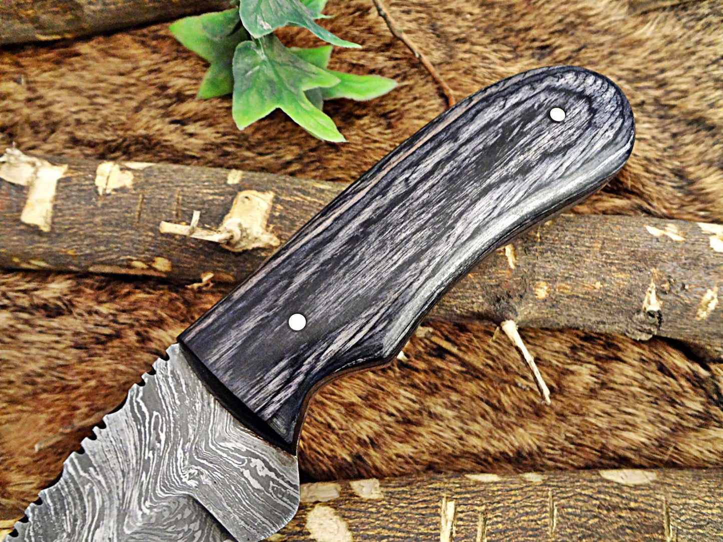 8" Long skinning knife, 4" full tang gut hook blade, hand forged Damascus steel, available in 3 scales, includes Cow Leather sheath