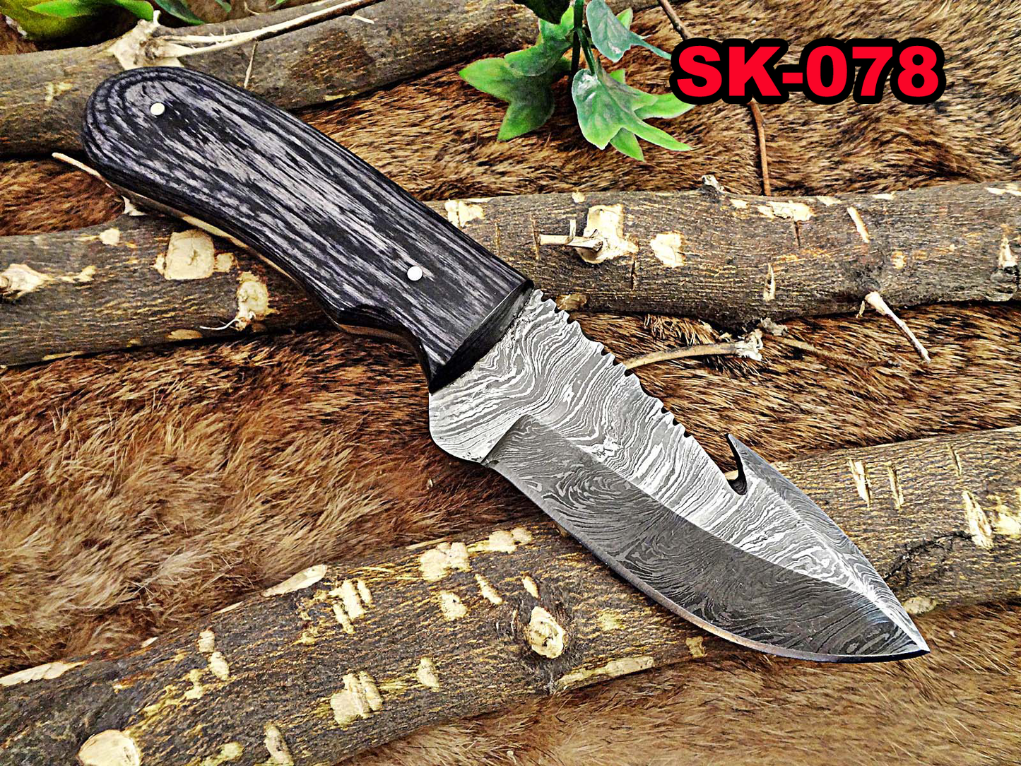 8" Long skinning knife, 4" full tang gut hook blade, hand forged Damascus steel, available in 3 scales, includes Cow Leather sheath