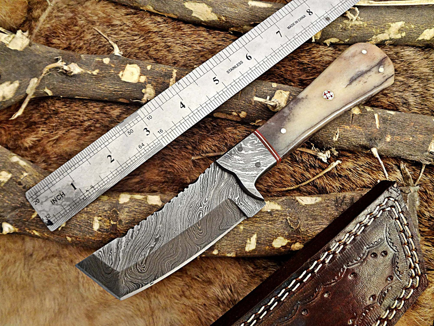 8" Long hand forged Damascus steel full tang Tanto blade pocket Knife, Available in 3 scales, includes Cow leather sheath