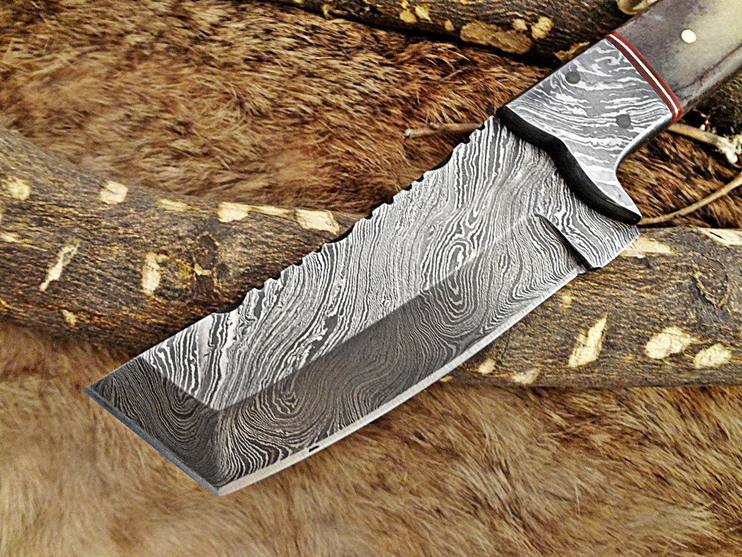 8" Long hand forged Damascus steel full tang Tanto blade pocket Knife, Available in 3 scales, includes Cow leather sheath