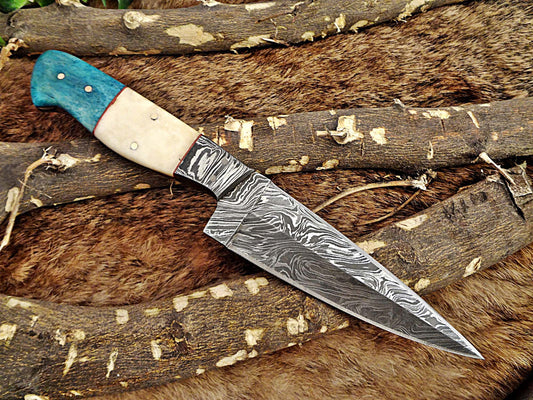 9 " Long hand forged Damascus steel full tang skinning Knife, Natural camel Bone and Buffalo Horn scale with Bolster Cow hide Leather sheath