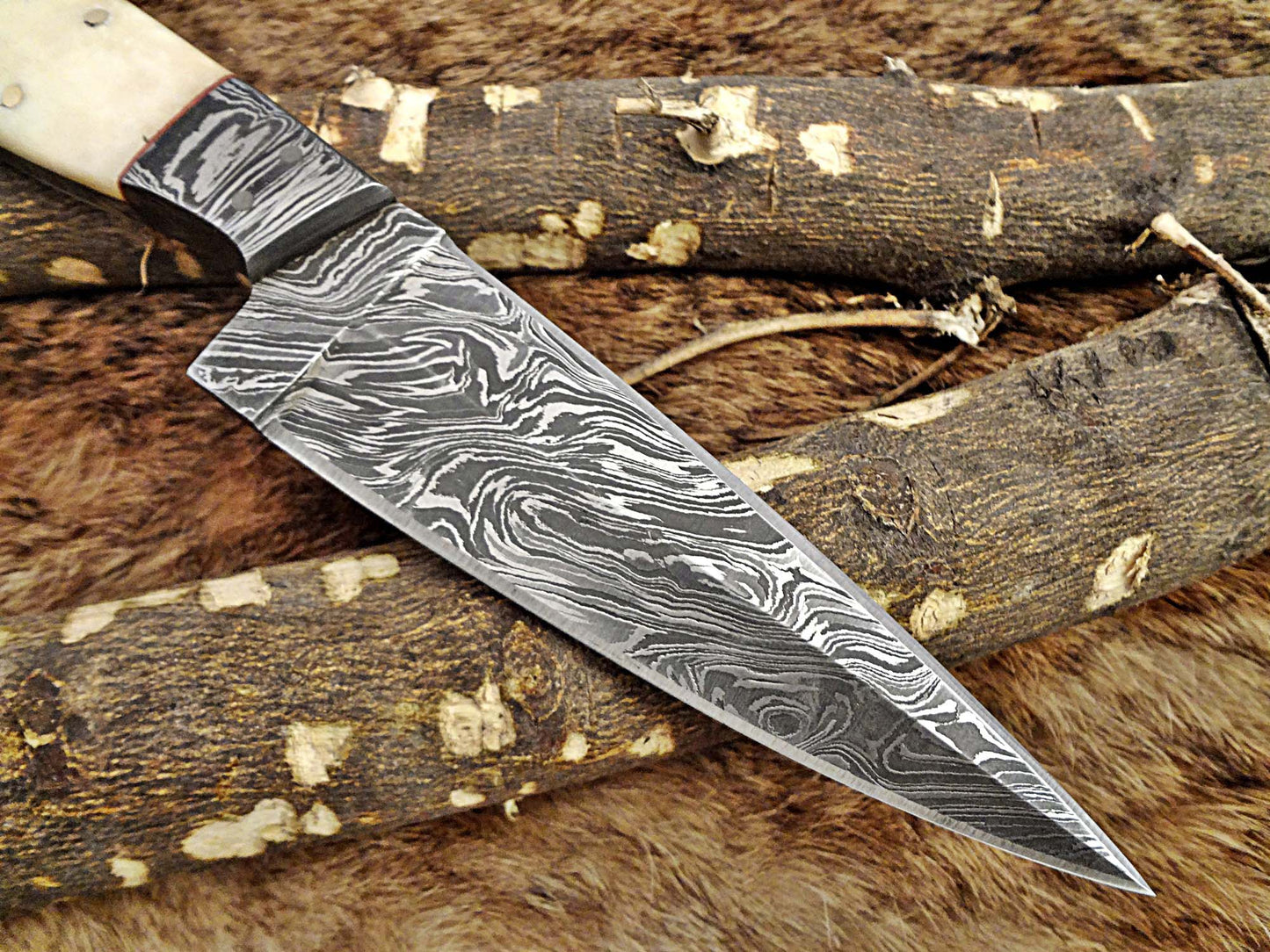 9 " Long hand forged Damascus steel full tang skinning Knife, Natural camel Bone and Buffalo Horn scale with Bolster Cow hide Leather sheath