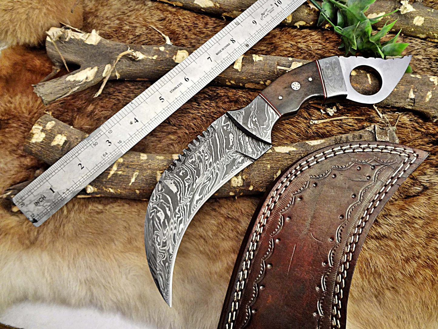 11" Long hand forged Damascus steel Karambit Knife, Colored Camel Bone with Damascus Bolster & Pommel finger hole, Leather sheath