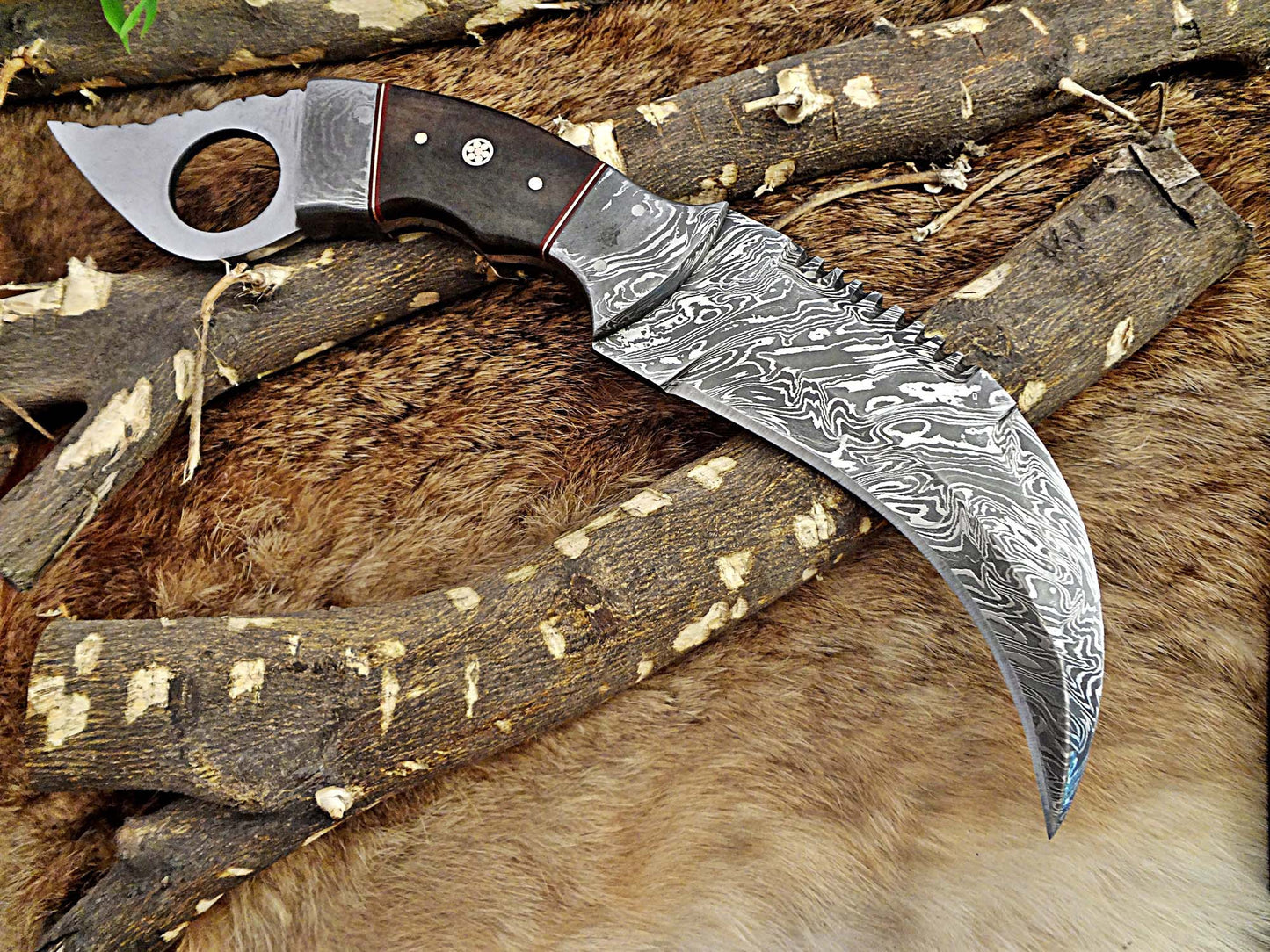 11" Long hand forged Damascus steel Karambit Knife, Colored Camel Bone with Damascus Bolster & Pommel finger hole, Leather sheath