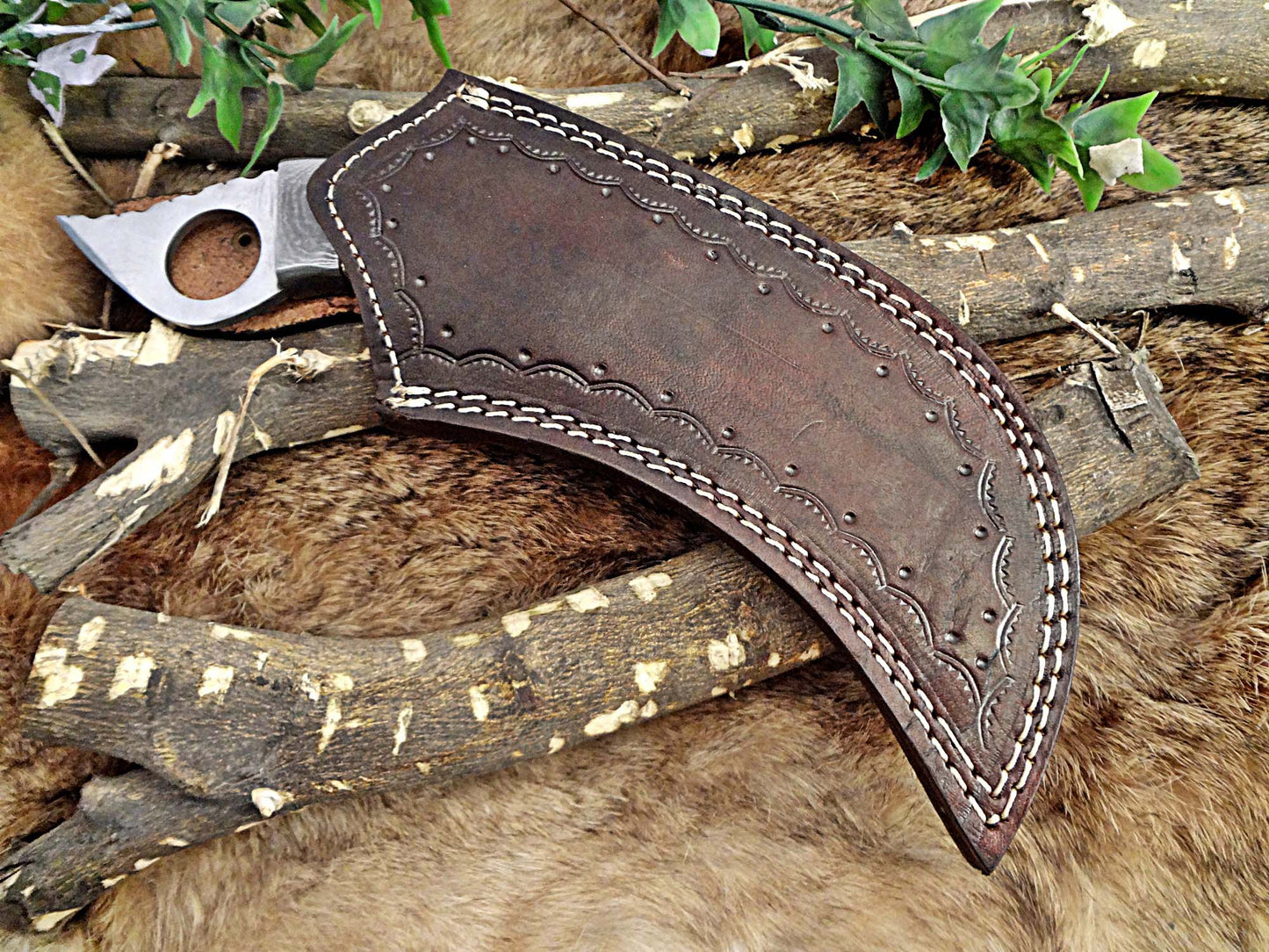 11" Long hand forged Damascus steel Karambit Knife, Colored Camel Bone with Damascus Bolster & Pommel finger hole, Leather sheath