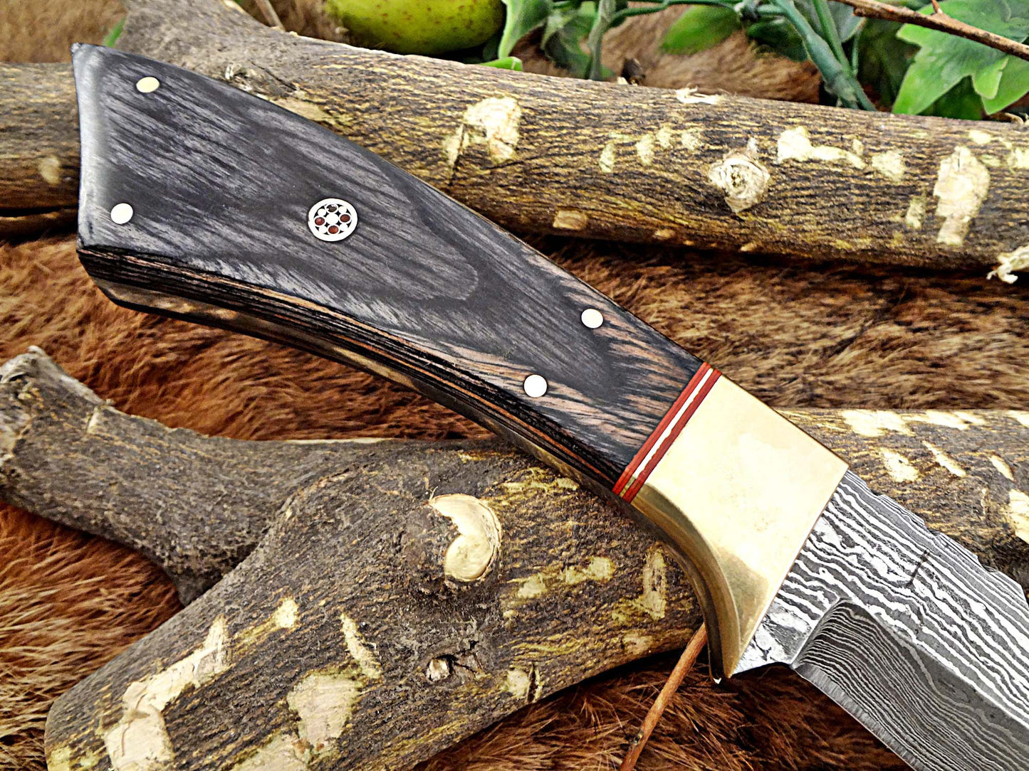 11" Long Damascus steel full tang trailing point blade skinning Knife with Leather sheath, Available in 3 scales with bolster