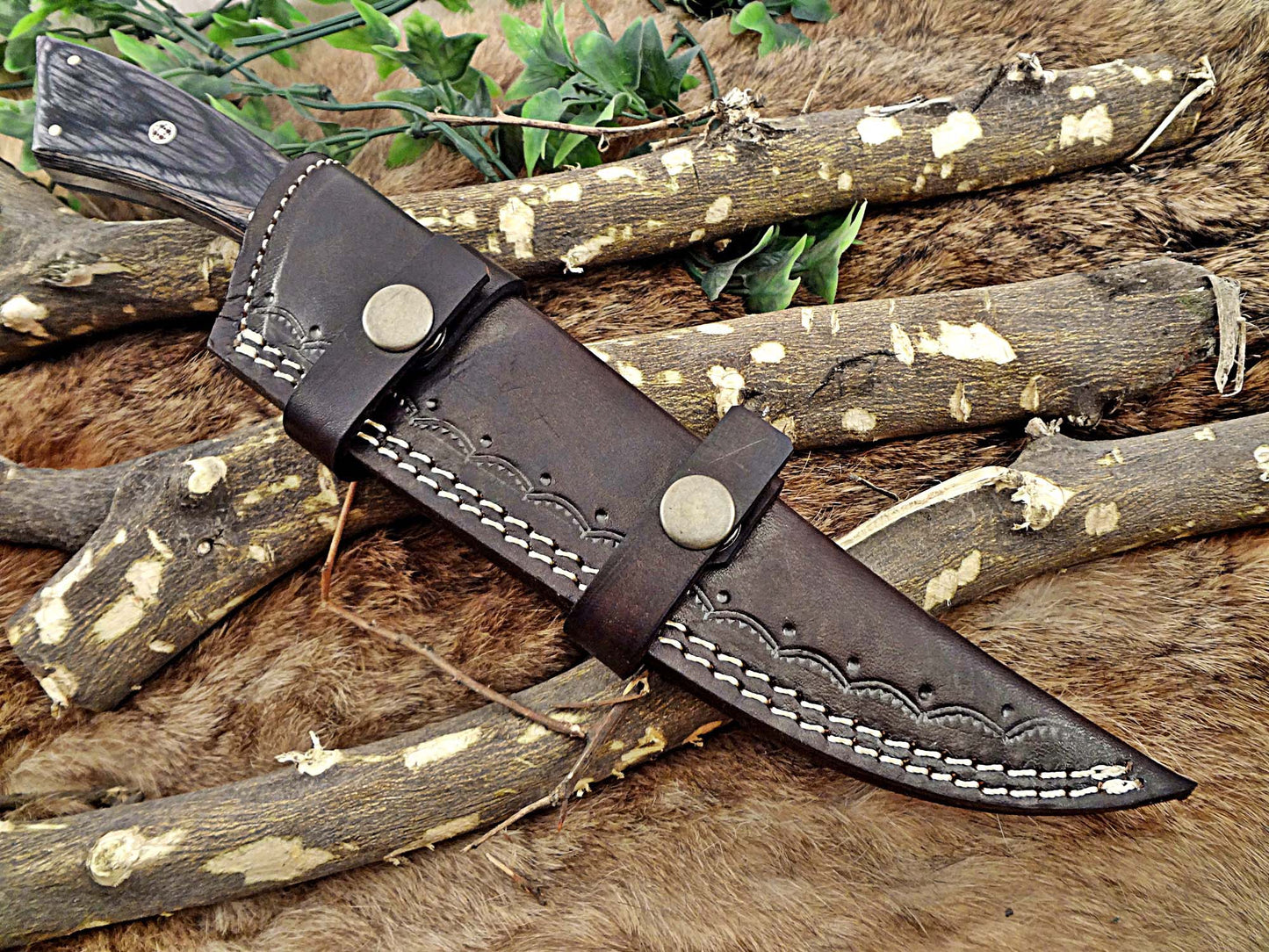 11" Long Damascus steel full tang trailing point blade skinning Knife with Leather sheath, Available in 3 scales with bolster