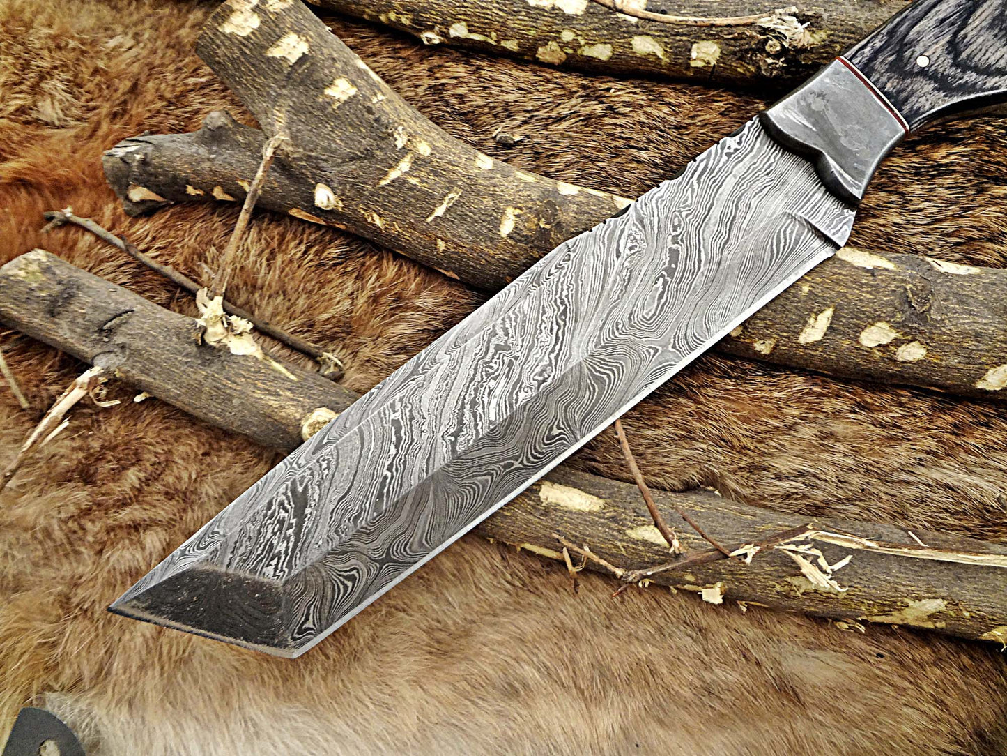 14" Long hand forged Damascus steel tracker knife full tang Tanto blade, 2Tone dollar wood scale Bakery knife, Cow hide leather sheath
