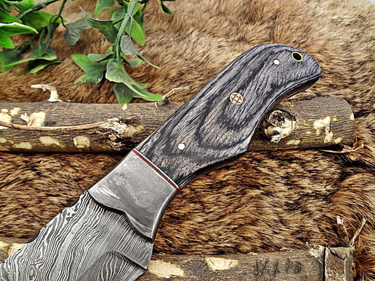 14" Long hand forged Damascus steel tracker knife full tang Tanto blade, 2Tone dollar wood scale Bakery knife, Cow hide leather sheath