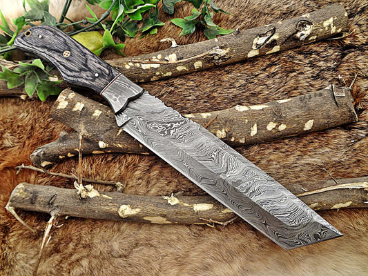 14" Long hand forged Damascus steel tracker knife full tang Tanto blade, 2Tone dollar wood scale Bakery knife, Cow hide leather sheath