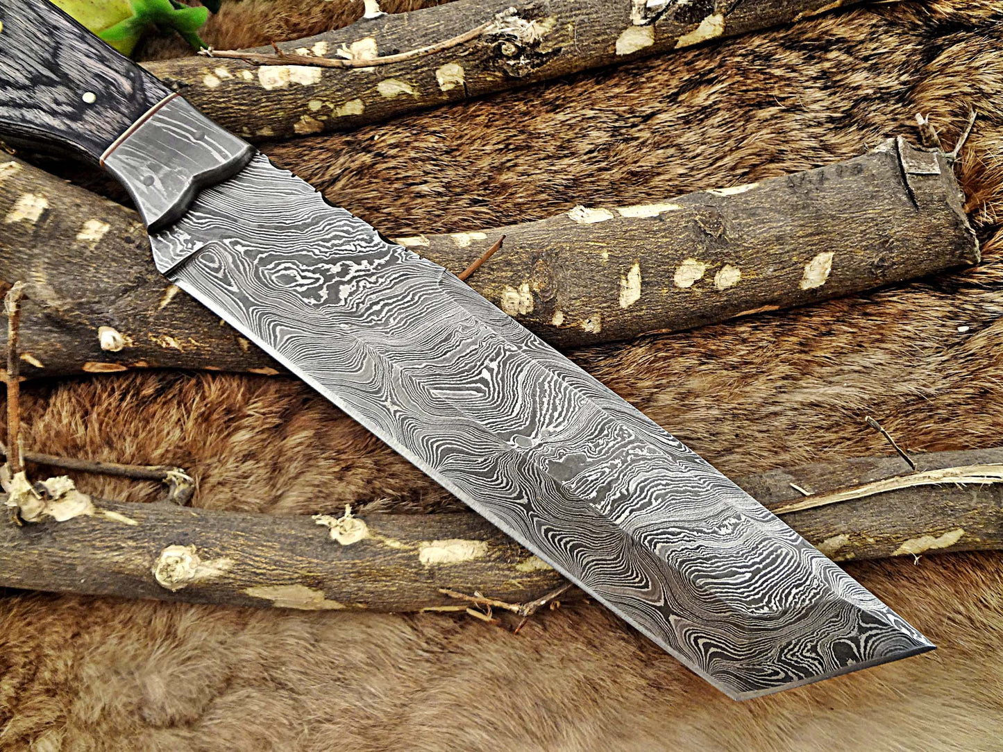 14" Long hand forged Damascus steel tracker knife full tang Tanto blade, 2Tone dollar wood scale Bakery knife, Cow hide leather sheath