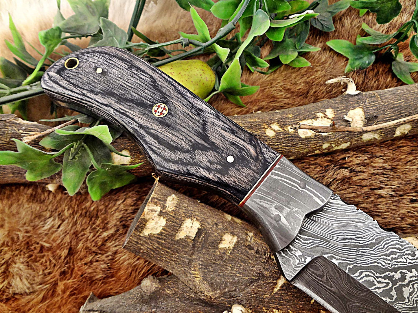 14" Long hand forged Damascus steel tracker knife full tang Tanto blade, 2Tone dollar wood scale Bakery knife, Cow hide leather sheath