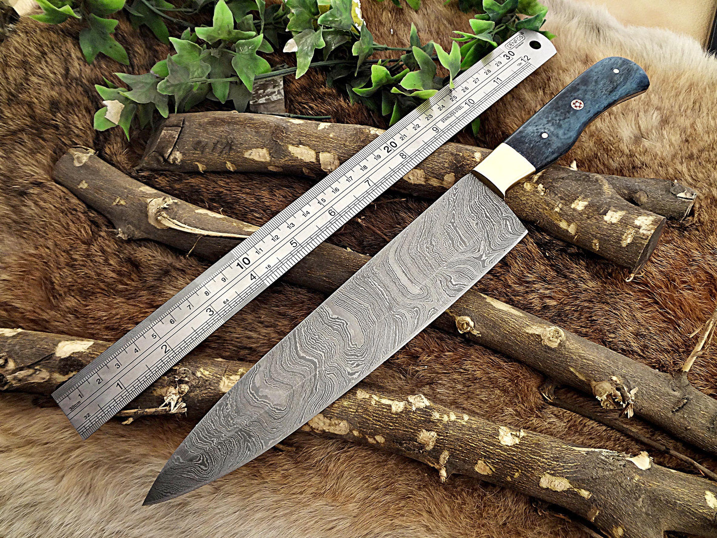 Damascus Steel kitchen Knife 14 Inches full tang 9" long Hand Forged blade, Blue Colored camel bone and brass bolster scale