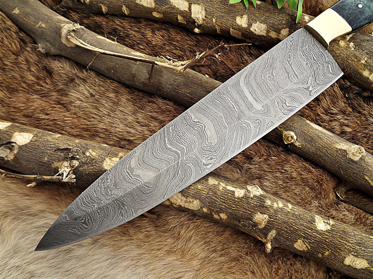Damascus Steel kitchen Knife 14 Inches full tang 9" long Hand Forged blade, Blue Colored camel bone and brass bolster scale