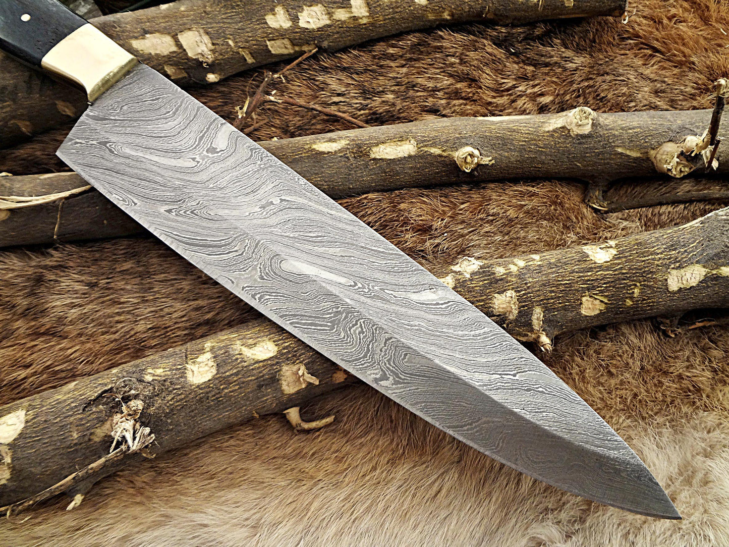 Damascus Steel kitchen Knife 14 Inches full tang 9" long Hand Forged blade, Blue Colored camel bone and brass bolster scale