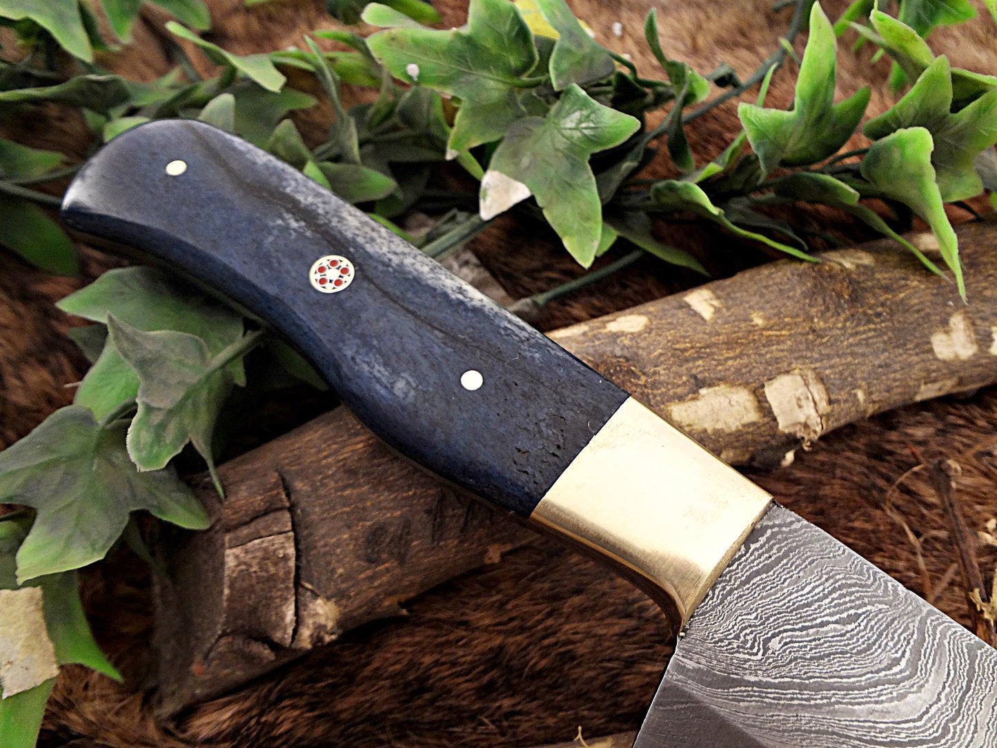Damascus Steel kitchen Knife 14 Inches full tang 9" long Hand Forged blade, Blue Colored camel bone and brass bolster scale