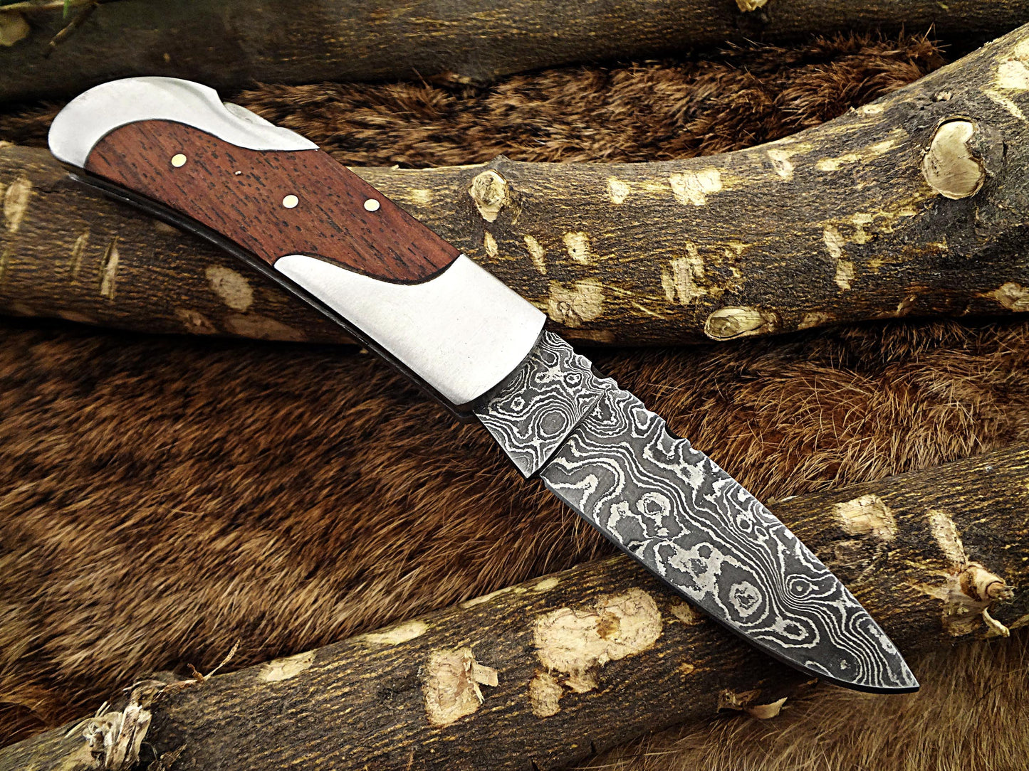 Damascus steel 6.5 " long Folding Knife, Various scales available with steel bolster, 3" Hand Forged blade,  Cow hide leather sheath included