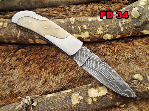 Damascus steel 6.5 " long Folding Knife, Various scales available with steel bolster, 3" Hand Forged blade,  Cow hide leather sheath included