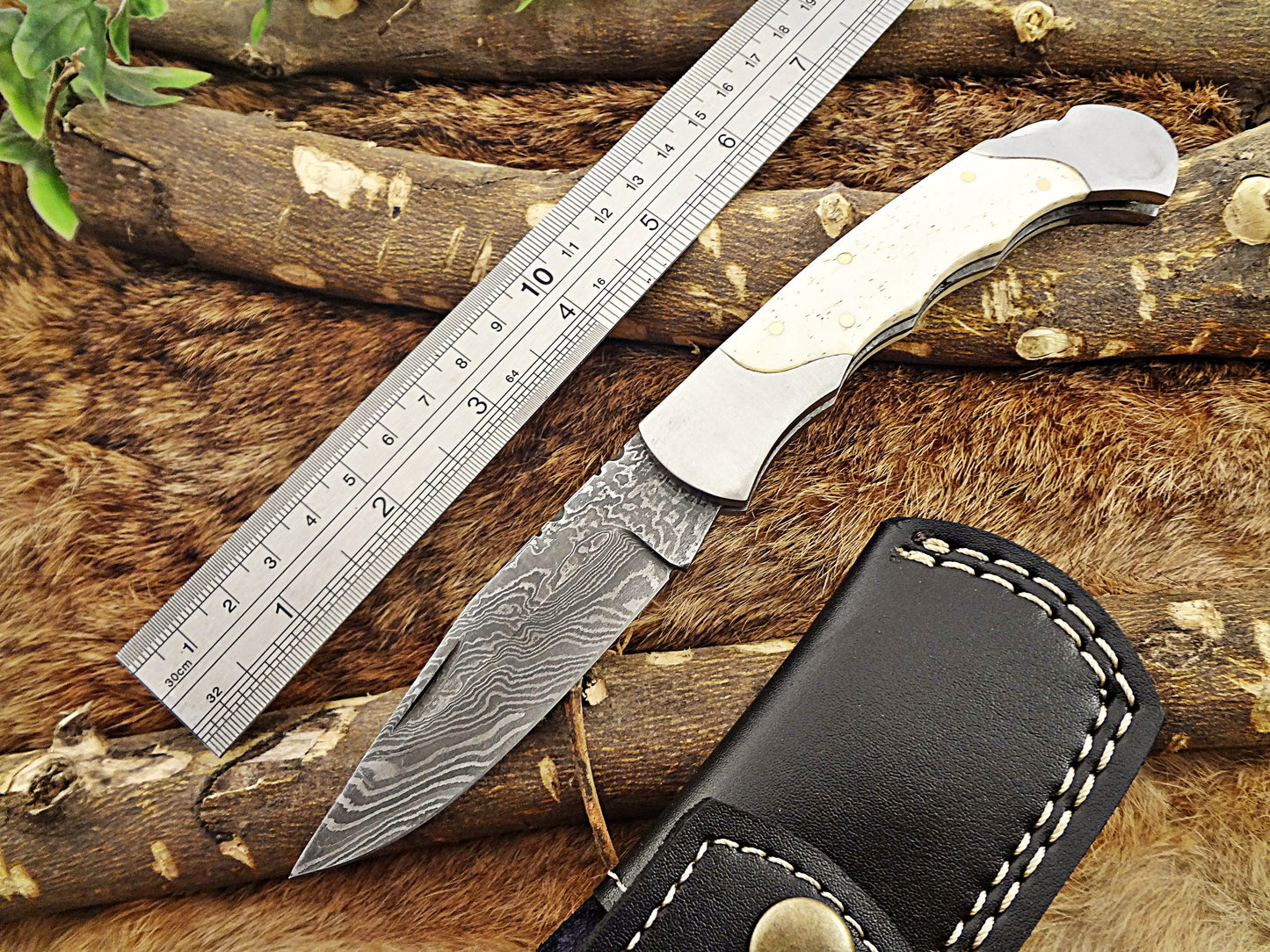 8" long Damascus steel Folding Knife, Walnut wood with Steel bolster scale, custom made 3.5" Hand Forged blade cow hide leather sheath