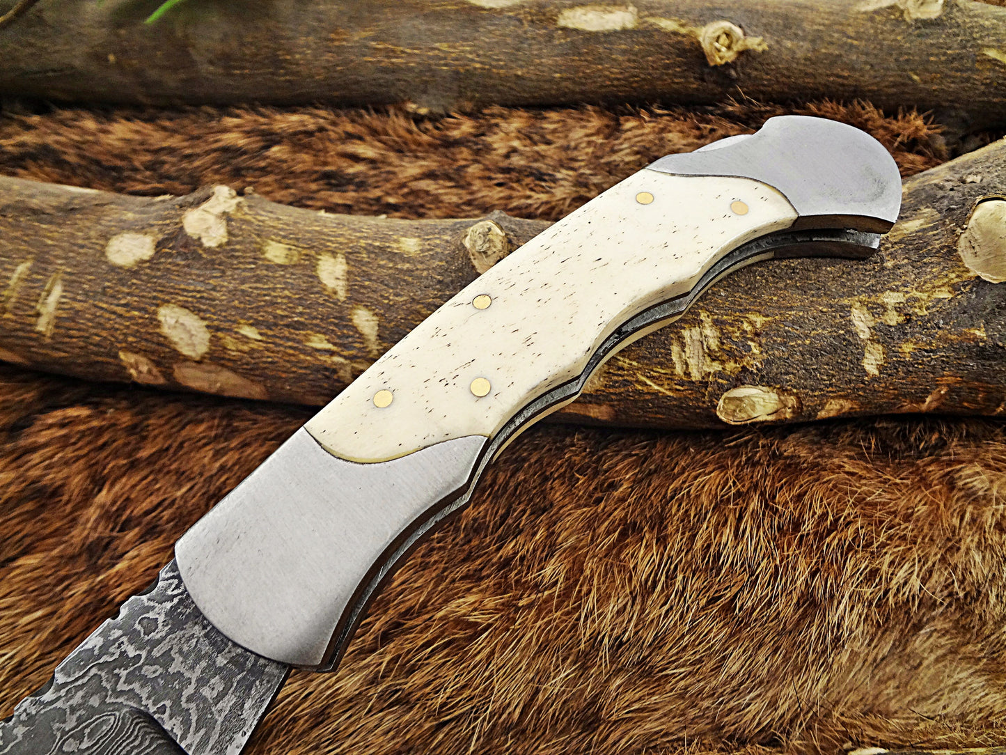 8" long Damascus steel Folding Knife, Walnut wood with Steel bolster scale, custom made 3.5" Hand Forged blade cow hide leather sheath
