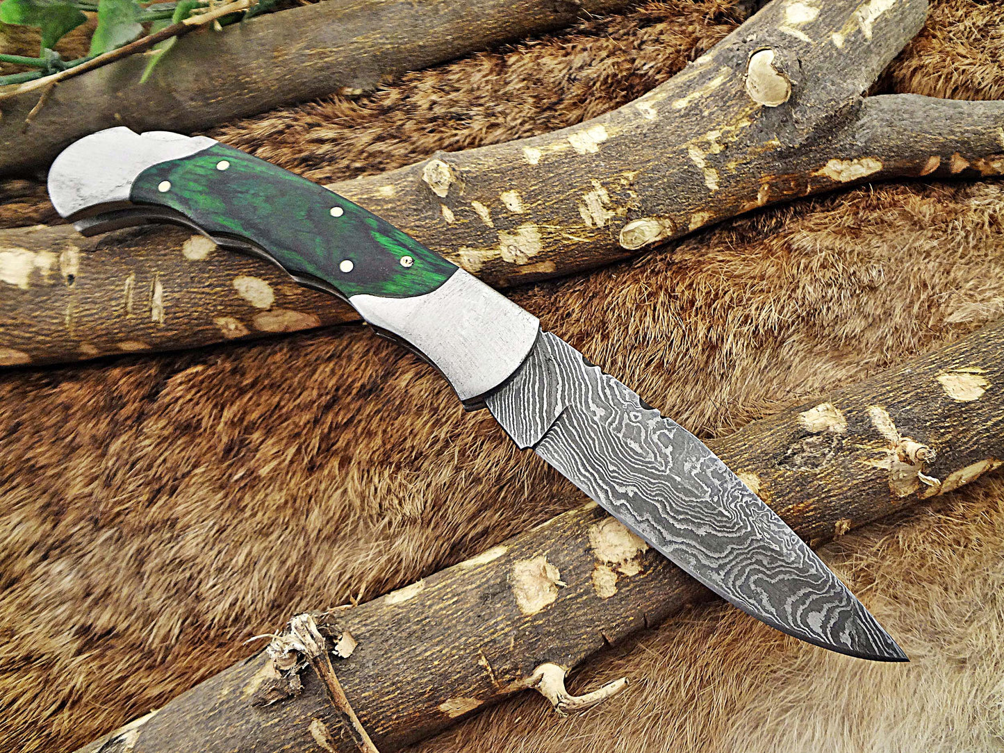 8" long Damascus steel Folding Knife, Walnut wood with Steel bolster scale, custom made 3.5" Hand Forged blade cow hide leather sheath