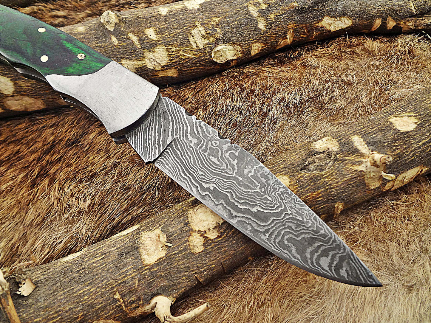 8" long Damascus steel Folding Knife, Walnut wood with Steel bolster scale, custom made 3.5" Hand Forged blade cow hide leather sheath