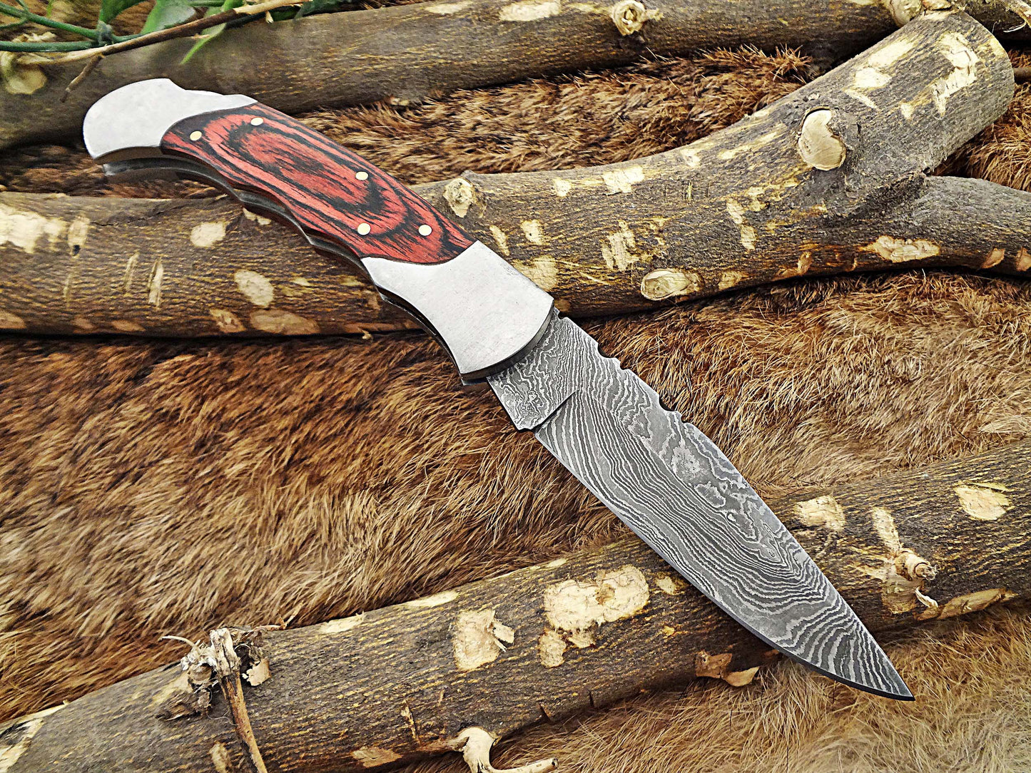 8" long Damascus steel Folding Knife, Walnut wood with Steel bolster scale, custom made 3.5" Hand Forged blade cow hide leather sheath