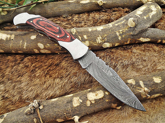 8" long Damascus steel Folding Knife, Walnut wood with Steel bolster scale, custom made 3.5" Hand Forged blade cow hide leather sheath